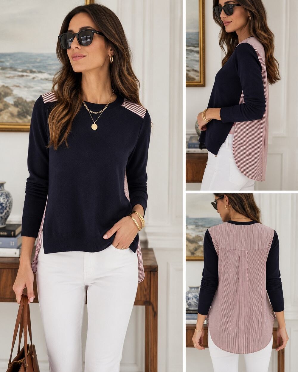 J.Crew Merino Wool Mixed Media Sweater XXS Navy Striped Tunic Preppy Quiet Luxe